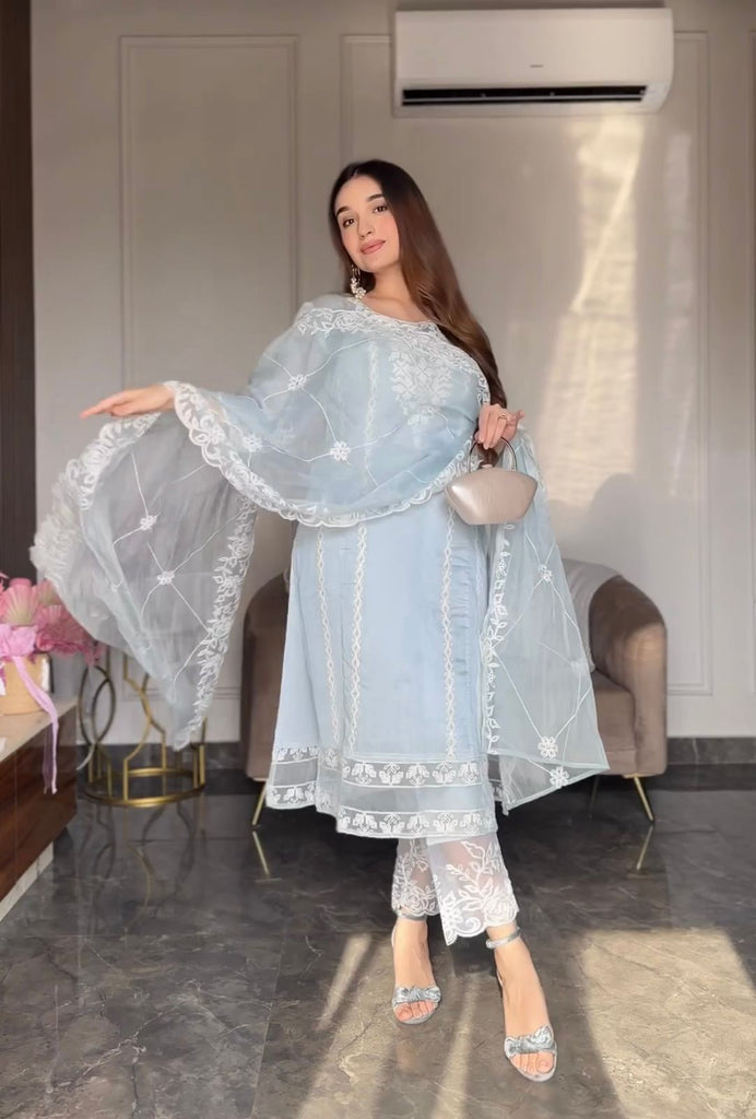 Pretty Sky Blue Organza Silk Embroidery Work Salwar Suit