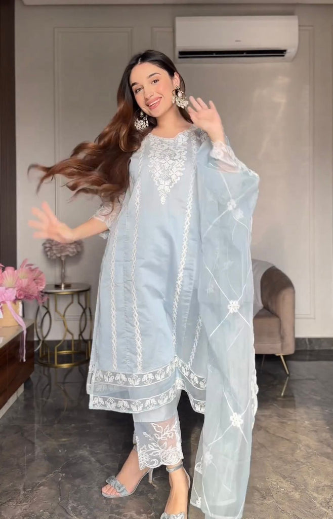 Pretty Sky Blue Organza Silk Embroidery Work Salwar Suit