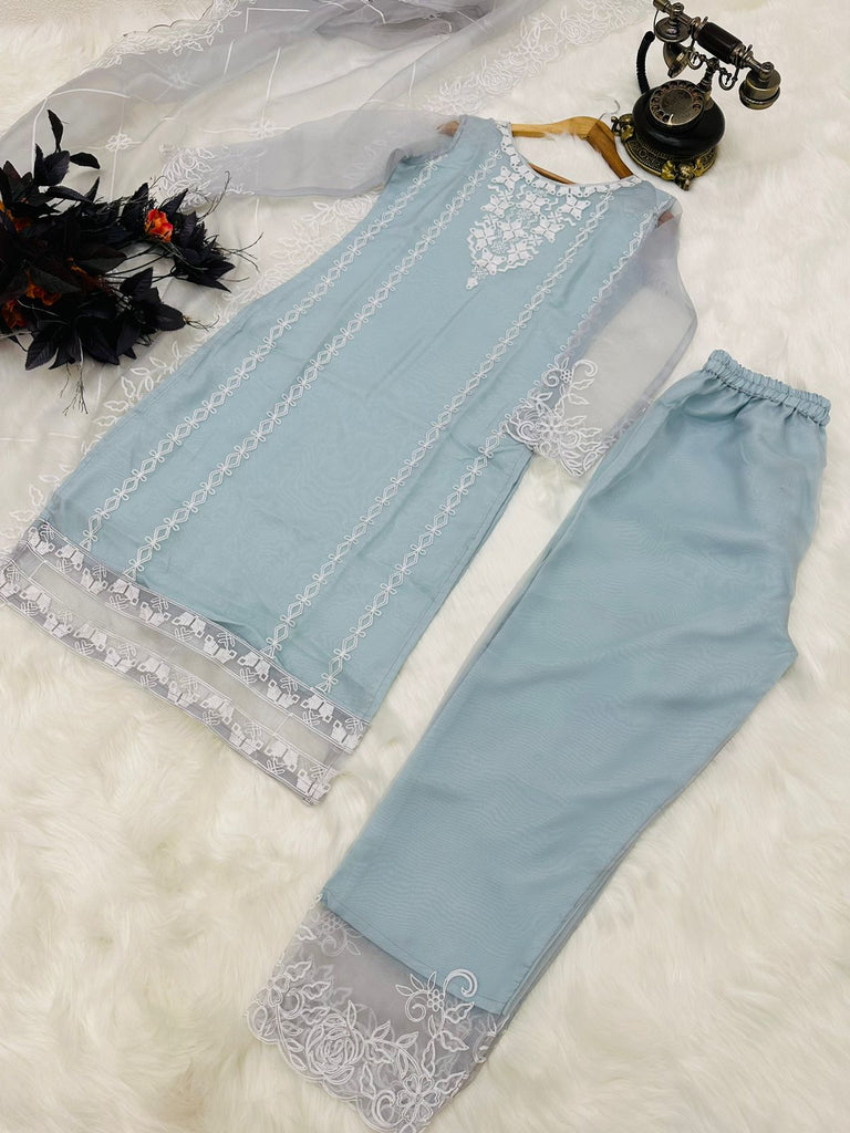 Pretty Sky Blue Organza Silk Embroidery Work Salwar Suit