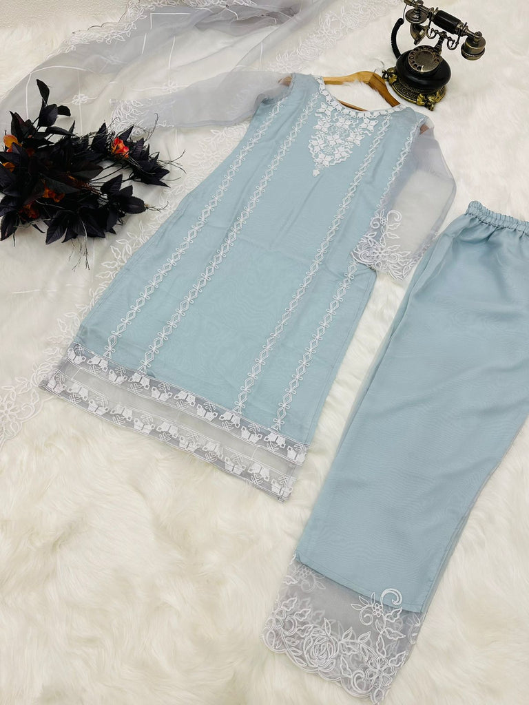 Pretty Sky Blue Organza Silk Embroidery Work Salwar Suit