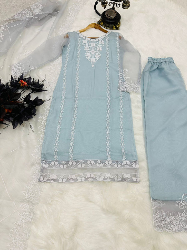 Pretty Sky Blue Organza Silk Embroidery Work Salwar Suit