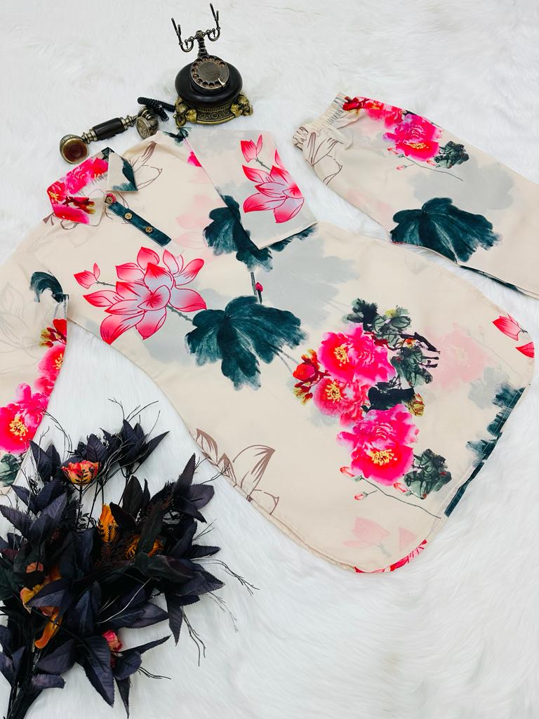 Shining Flower Print With Off White Color Cord Set
