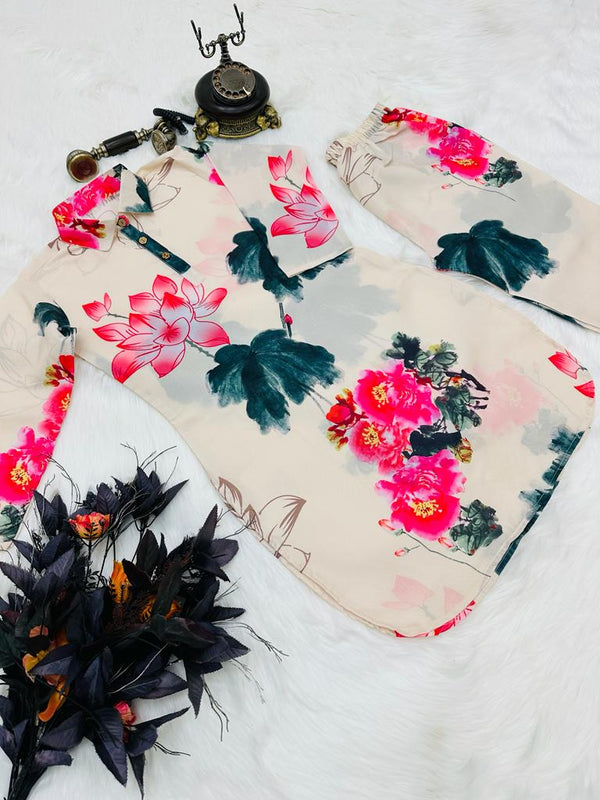 Shining Flower Print With Off White Color Cord Set