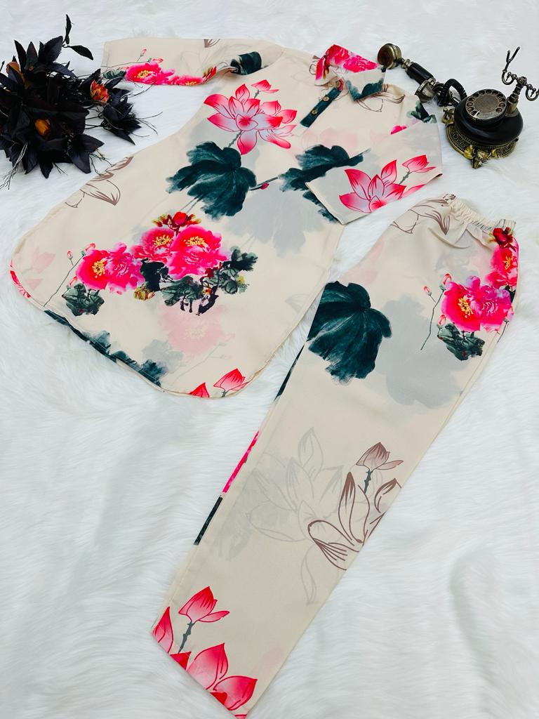 Shining Flower Print With Off White Color Cord Set