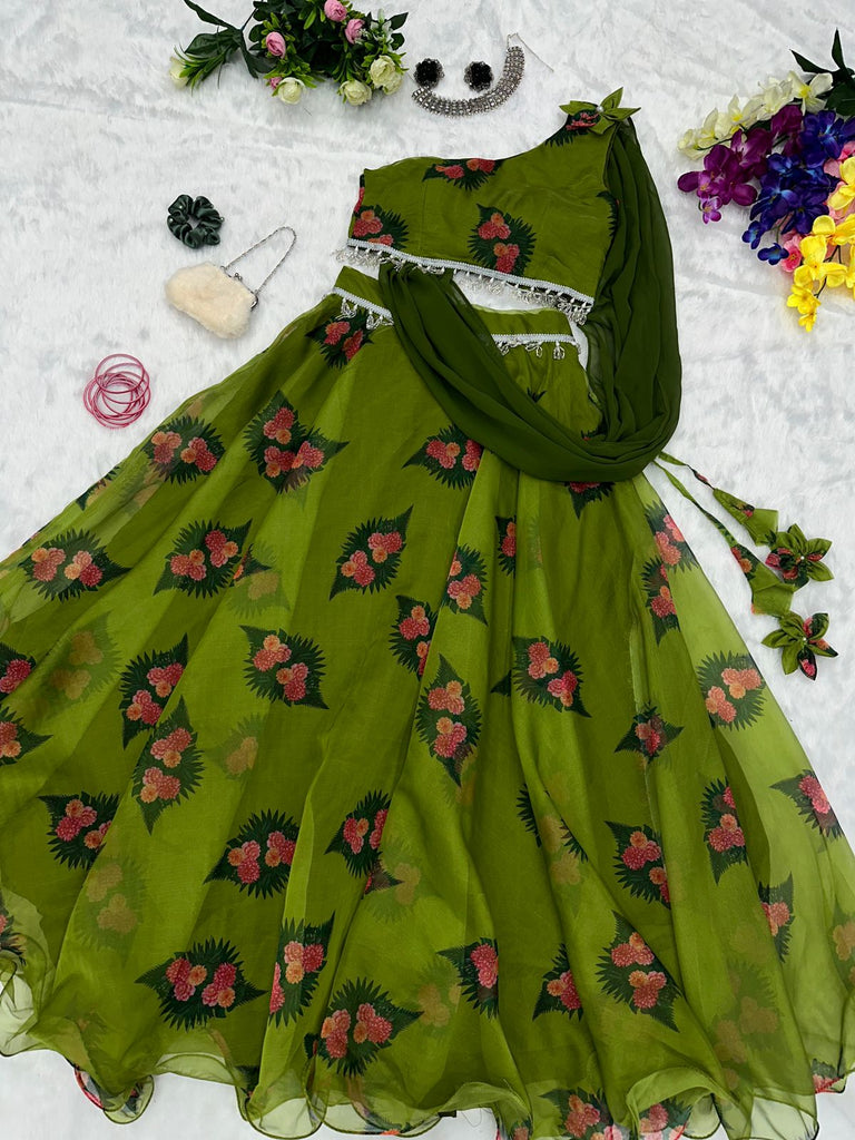 Lovely Organza Silk Green Color Lehenga With Stylish Blouse