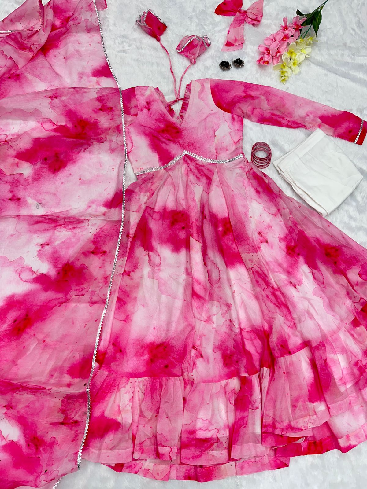 Shibori Print Pink Color Casual Wear Anarkali Suit