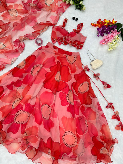 Glamourous Flower Print Red Color Lehenga With Classy Blouse Main image