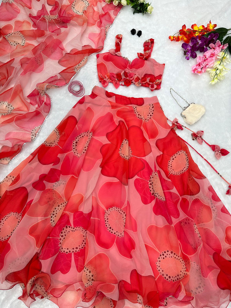 Glamourous Flower Print Red Color Lehenga With Classy Blouse