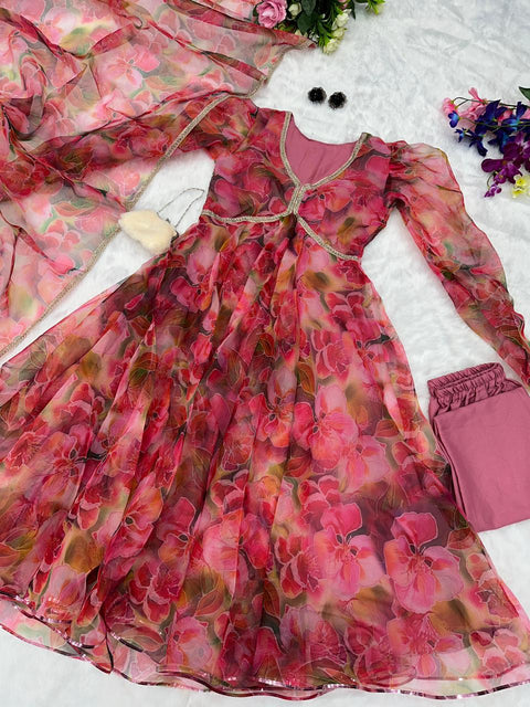 Digital Print Dusty Pink Color Organza Anarkali Suit Main image