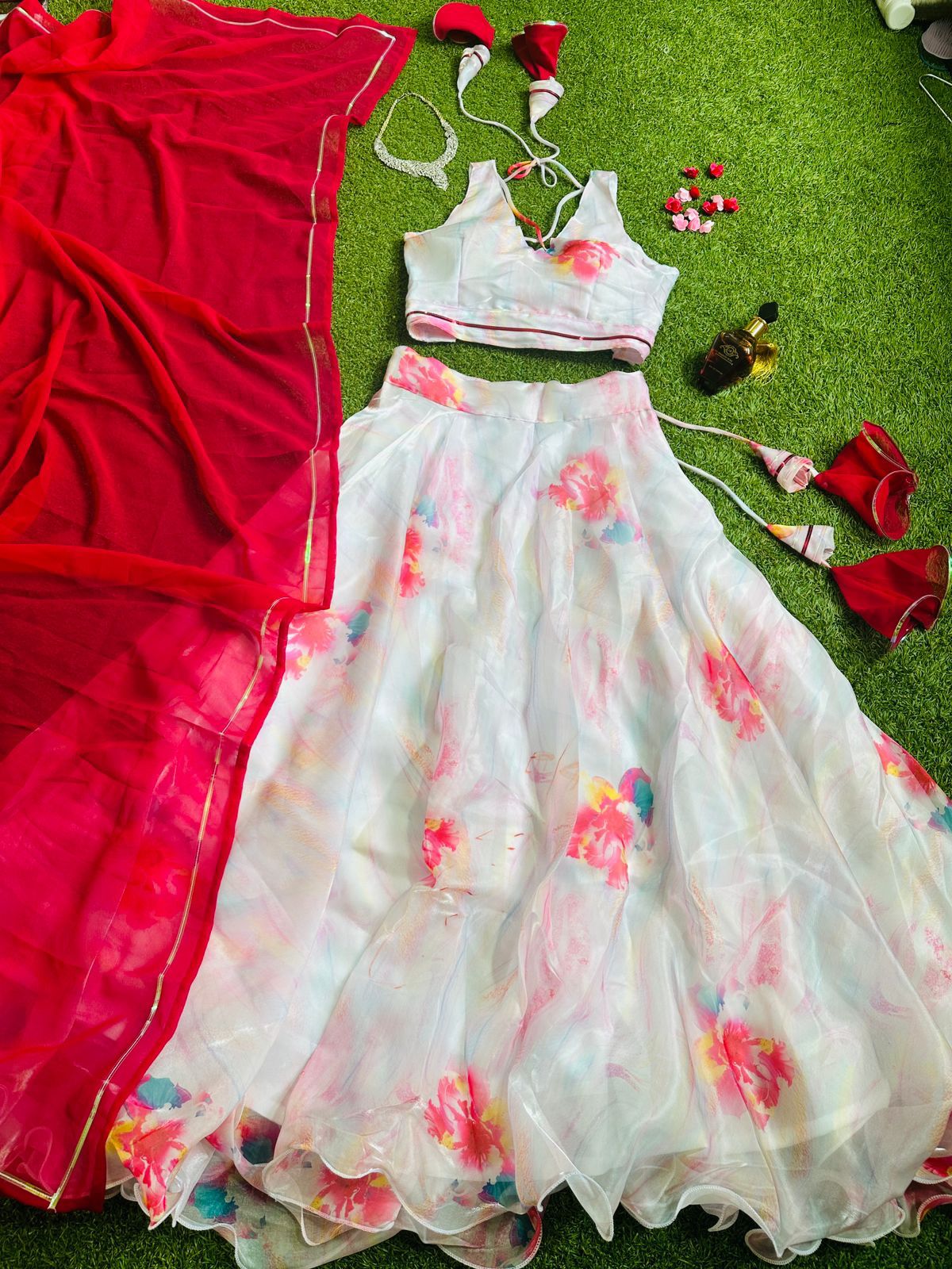 Stylish Digital Print White Color Lehenga Choli With Red Dupatta Main image