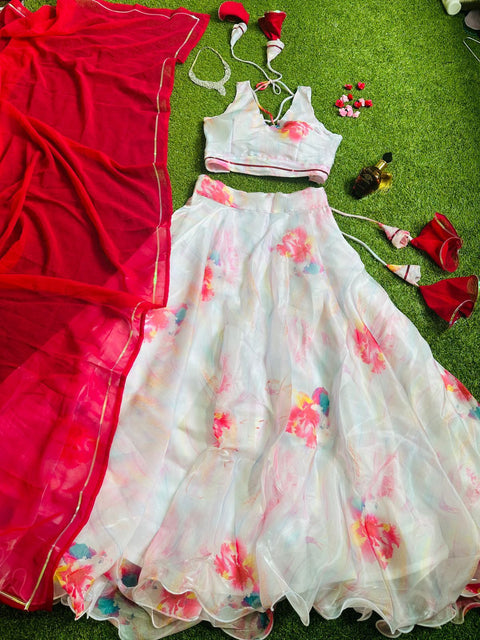 Stylish Digital Print White Color Lehenga Choli With Red Dupatta Main image