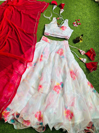 Stylish Digital Print White Color Lehenga Choli With Red Dupatta