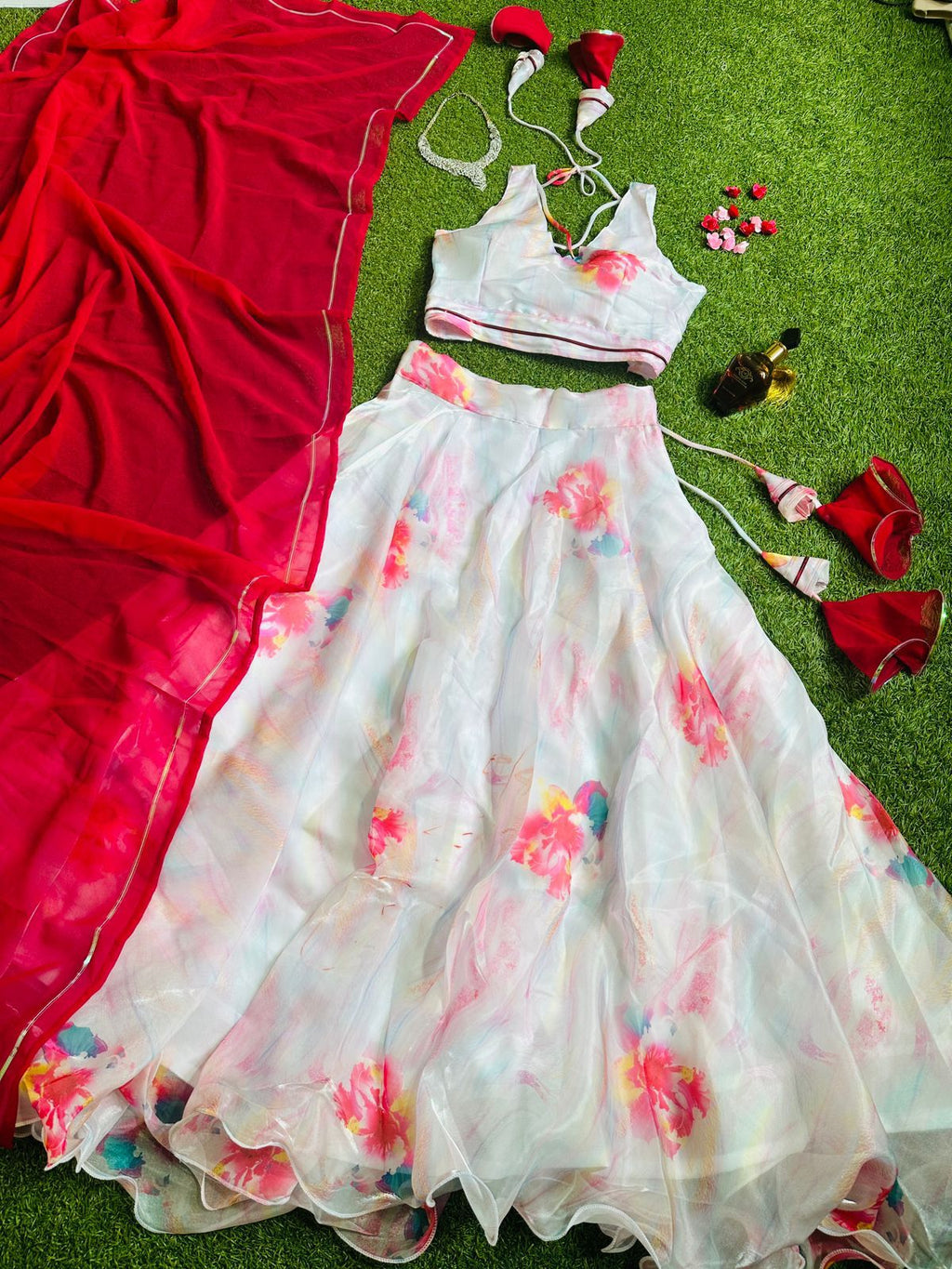 Stylish Digital Print White Color Lehenga Choli With Red Dupatta