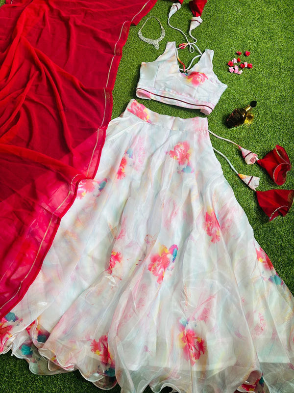 Stylish Digital Print White Color Lehenga Choli With Red Dupatta