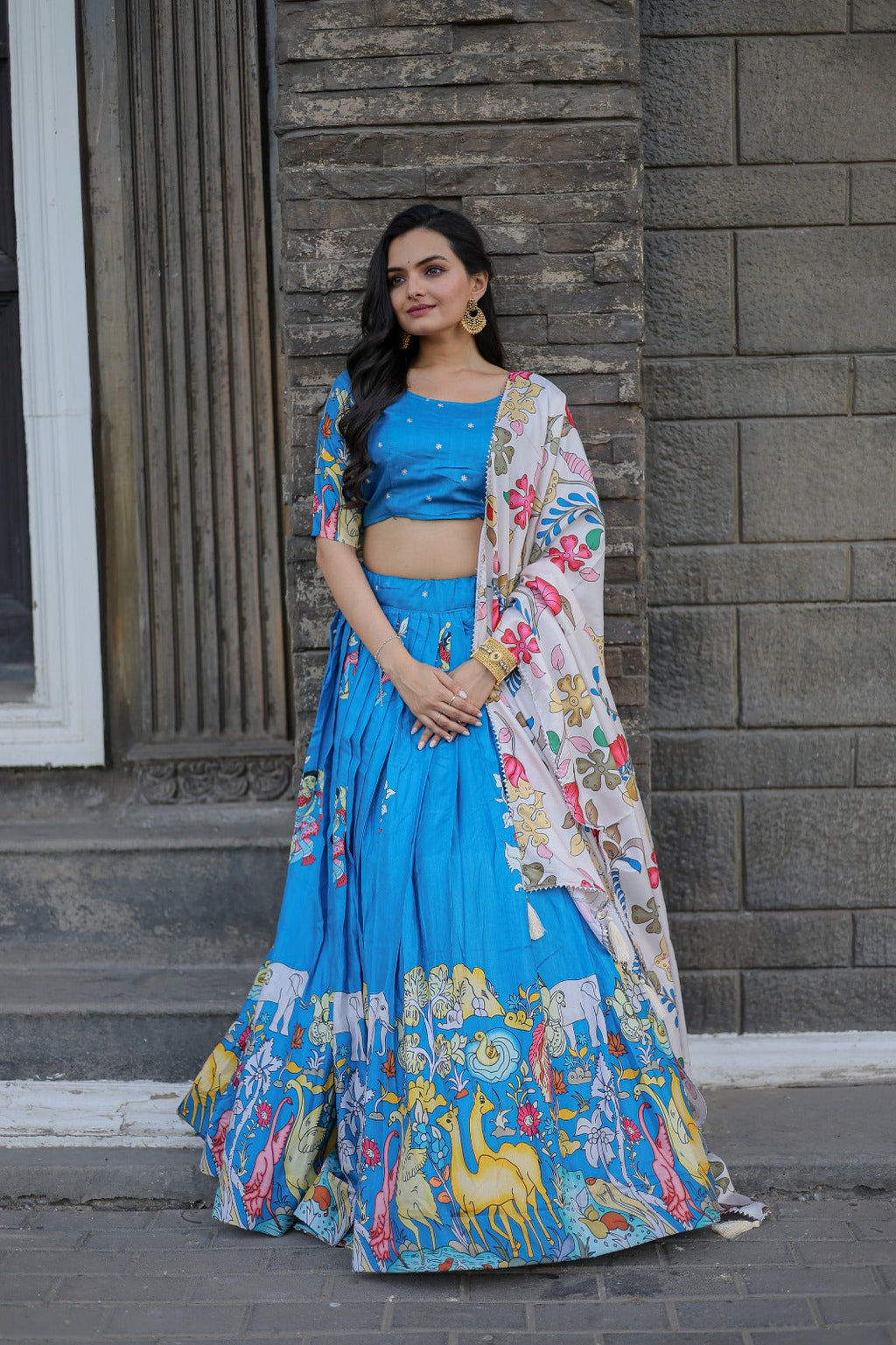 Navratri Special Sky Blue Color Printed Lehenga Choli