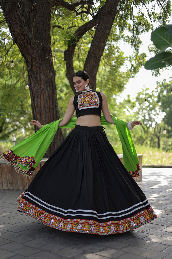Designer Kutchi Gamthi Mirror Work Black Color Lehenga Choli Clothsvilla