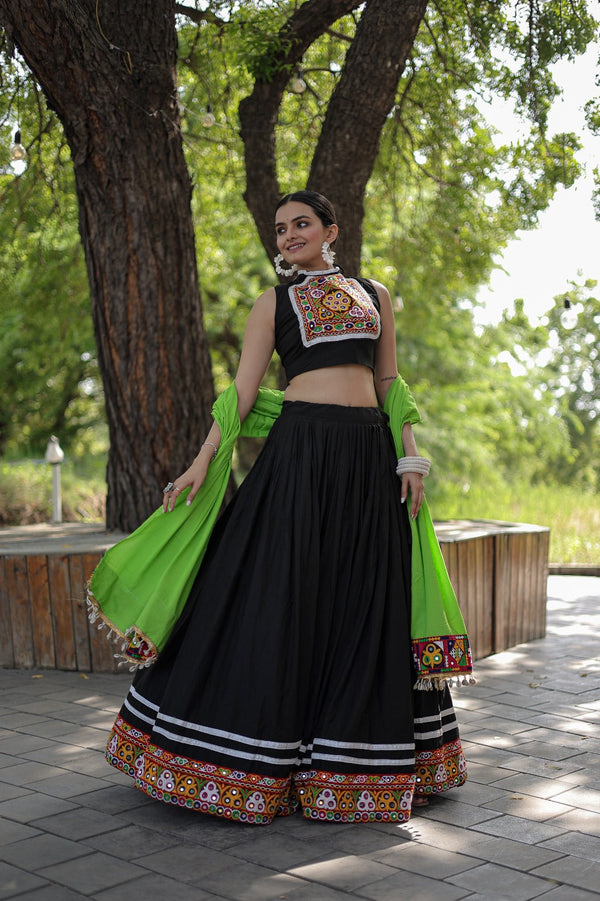 Designer Kutchi Gamthi Mirror Work Black Color Lehenga Choli Clothsvilla