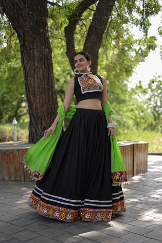 Designer Kutchi Gamthi Mirror Work Black Color Lehenga Choli Clothsvilla