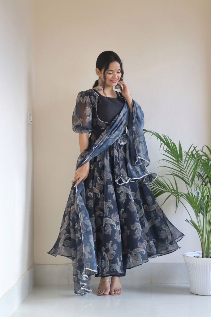 Koti Style Black Color Digital Print Anarkali Gown