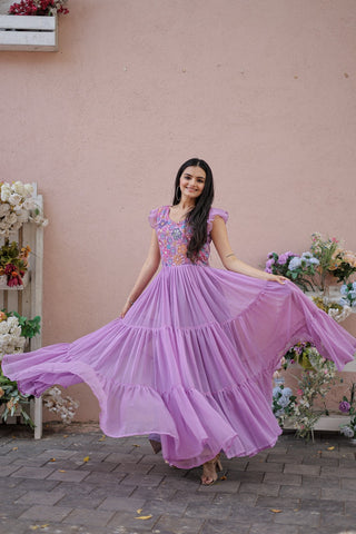 Captivating Ruffle Flare Lavender Color Gown Clothsvilla