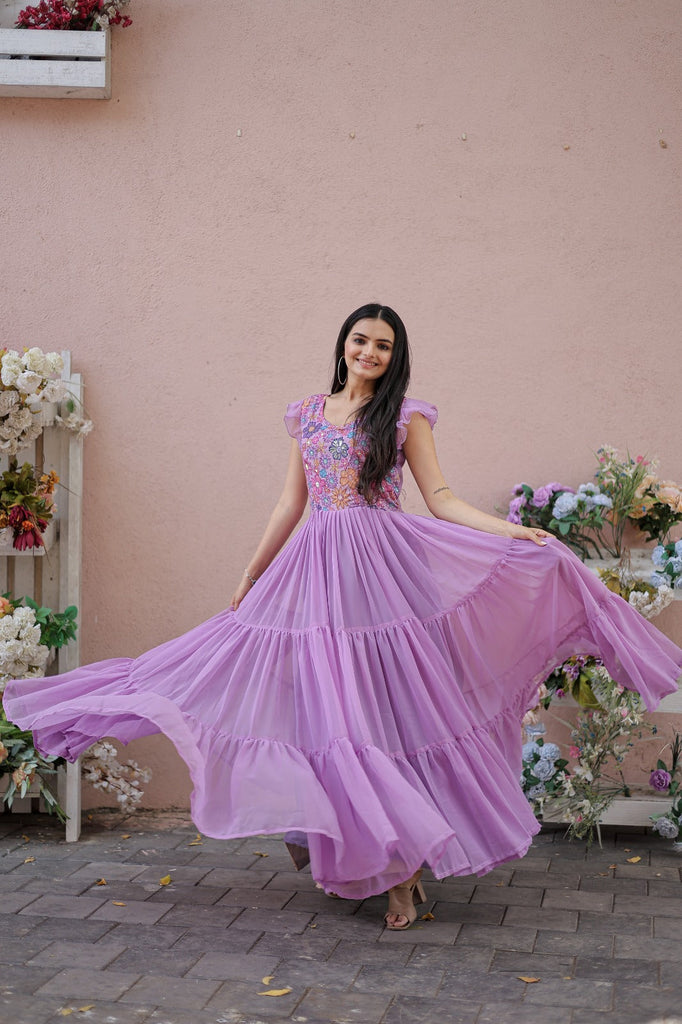 Captivating Ruffle Flare Lavender Color Gown - Clothsvilla