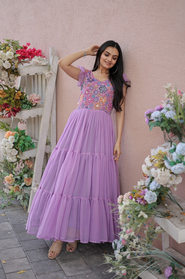 Captivating Ruffle Flare Lavender Color Gown Clothsvilla