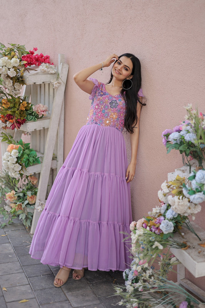 Captivating Ruffle Flare Lavender Color Gown Clothsvilla
