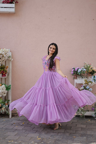 Captivating Ruffle Flare Lavender Color Gown Clothsvilla
