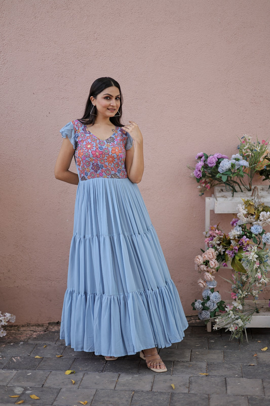 Captivating Ruffle Flare Sky Blue Color Gown Clothsvilla