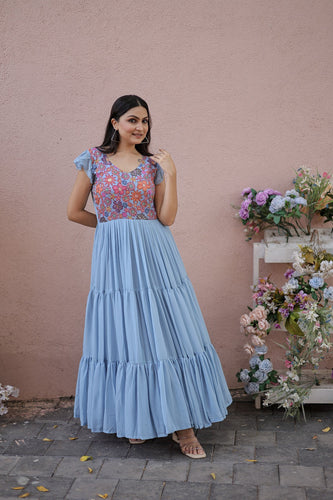 Captivating Ruffle Flare Sky Blue Color Gown Clothsvilla