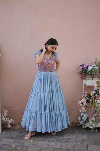 Captivating Ruffle Flare Sky Blue Color Gown Clothsvilla
