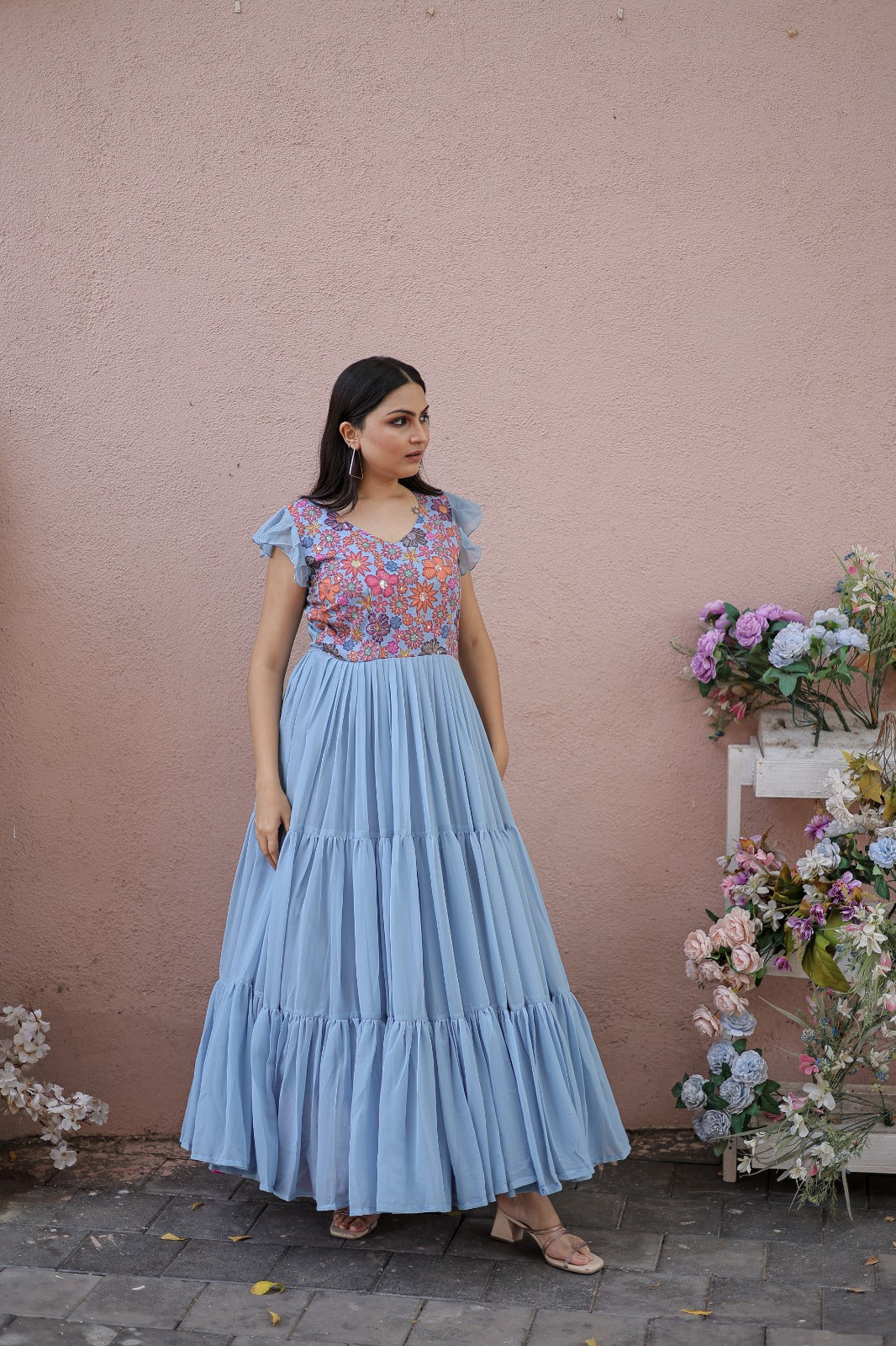 Captivating Ruffle Flare Sky Blue Color Gown Clothsvilla
