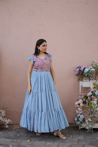 Captivating Ruffle Flare Sky Blue Color Gown Clothsvilla