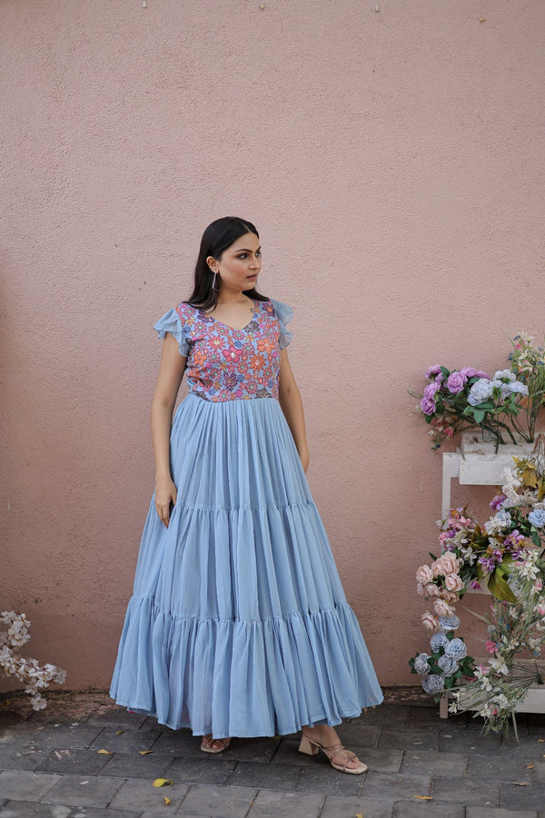Captivating Ruffle Flare Sky Blue Color Gown Clothsvilla