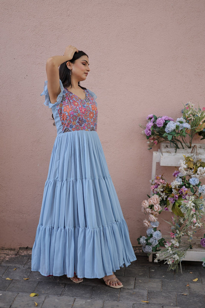 Captivating Ruffle Flare Sky Blue Color Gown Clothsvilla