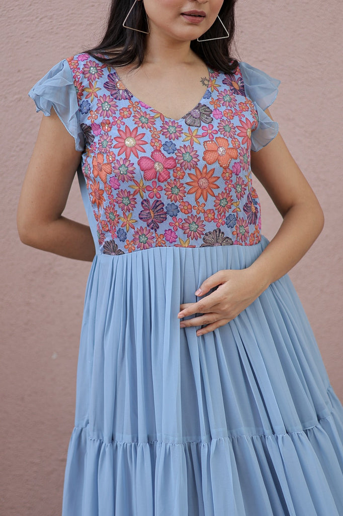 Captivating Ruffle Flare Sky Blue Color Gown Clothsvilla