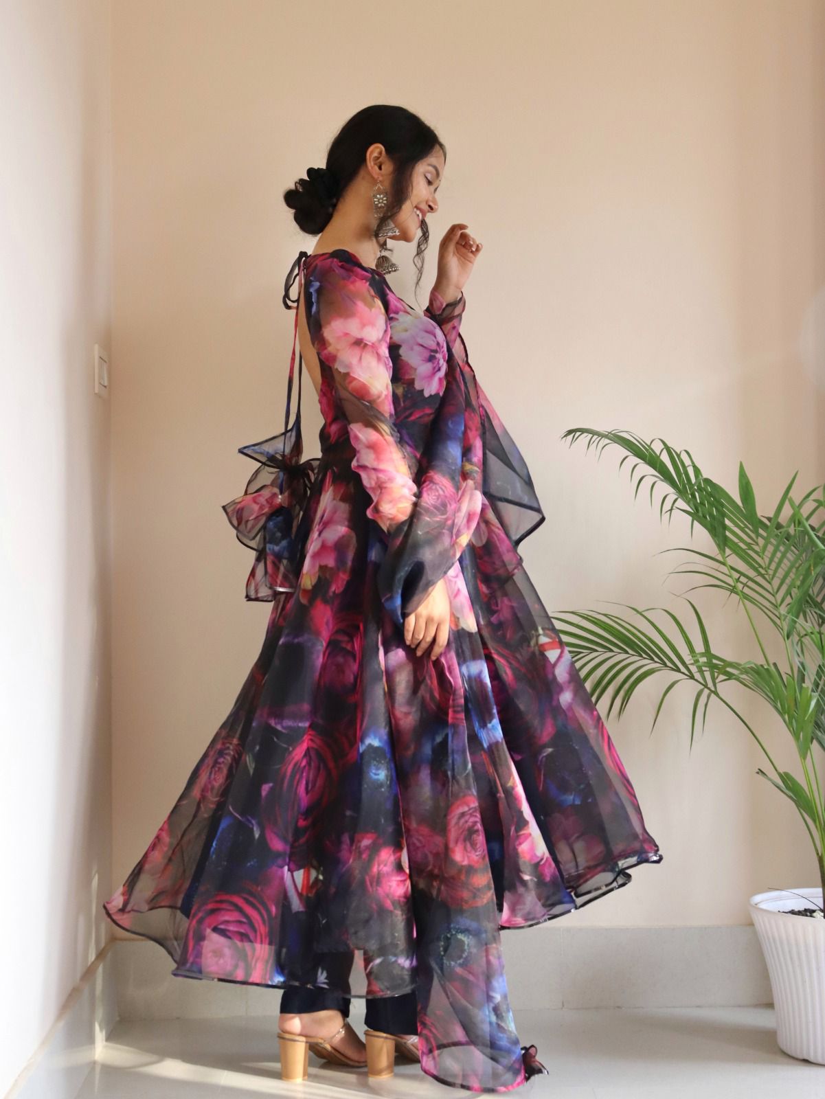 Stylish Pattern Multi Color Organza Navy Blue Anarkali Suit