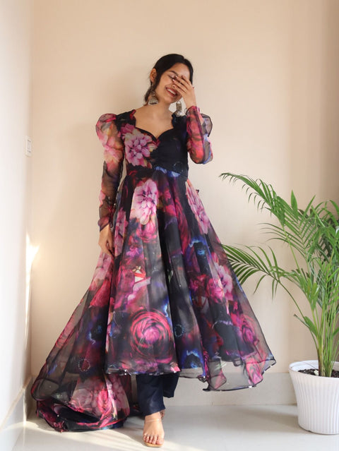 Stylish Pattern Multi Color Organza Navy Blue Anarkali Suit Main image