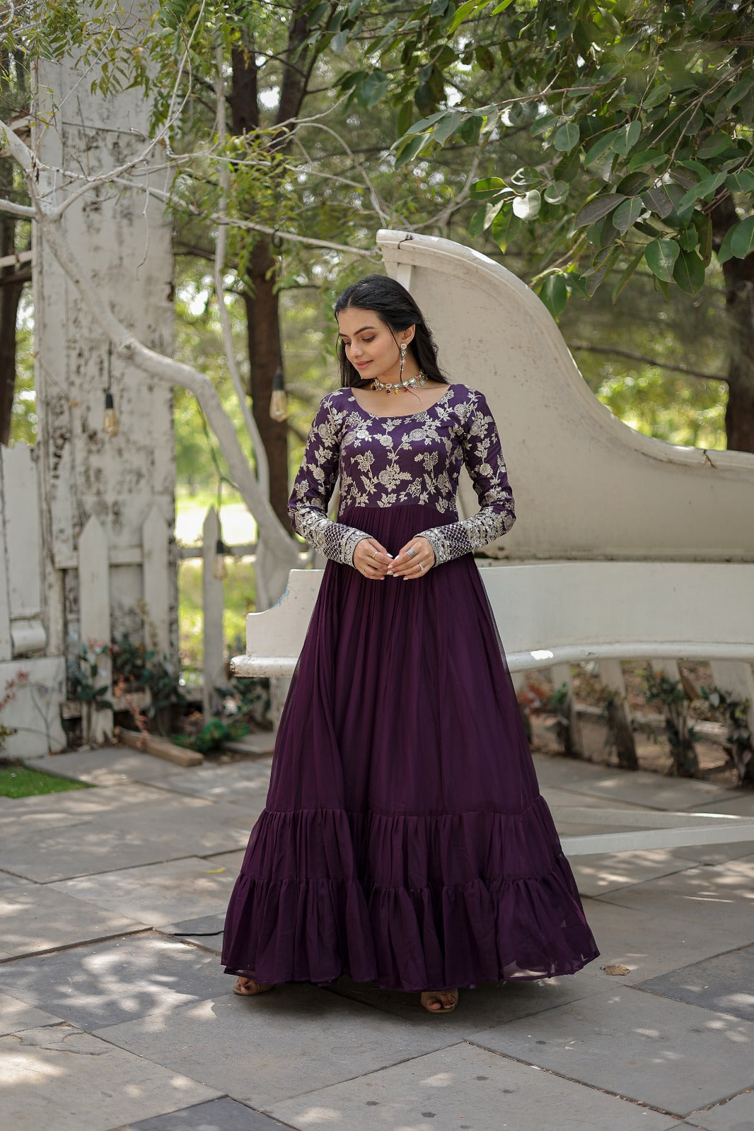 Wine Color Embroidery Work Long Gown Main image