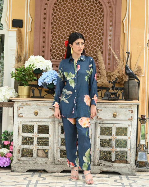 Party Wear Navy Blue Color Flower Design Cord Set Main image