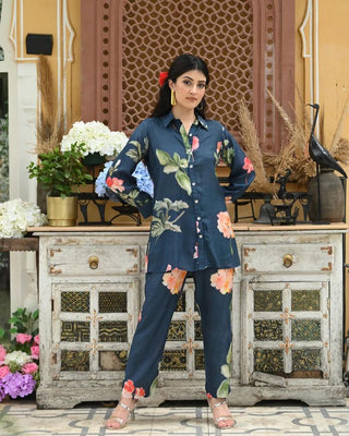 Party Wear Navy Blue Color Flower Design Cord Set