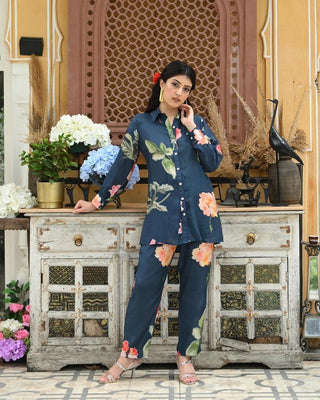 Party Wear Navy Blue Color Flower Design Cord Set