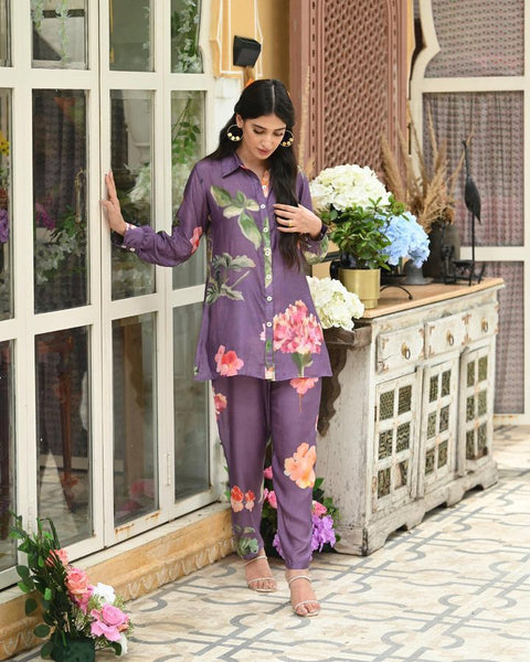 Party Wear Purple Color Flower Design Cord Set Main image