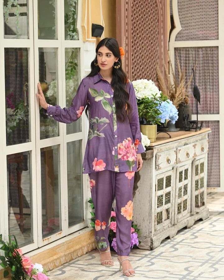 Party Wear Purple Color Flower Design Cord Set Party Wear Purple Color Flower Design Cord Set