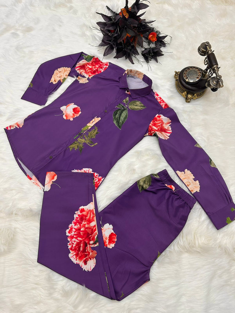 Party Wear Purple Color Flower Design Cord Set