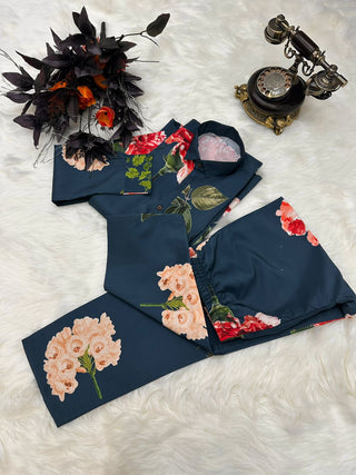 Party Wear Navy Blue Color Flower Design Cord Set