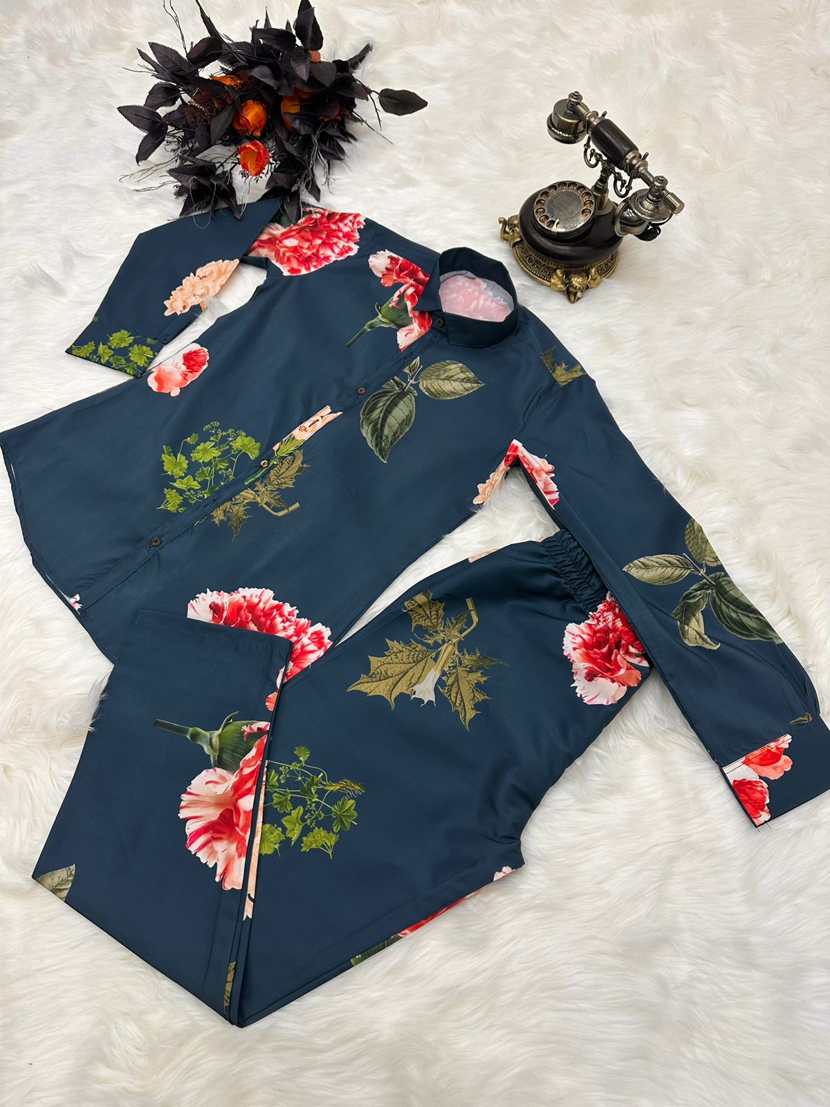 Party Wear Navy Blue Color Flower Design Cord Set