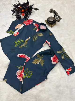 Party Wear Navy Blue Color Flower Design Cord Set