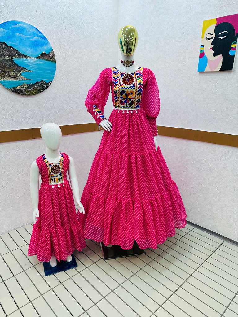 Pink Color Leheriya Print Mother Daughter Gown Combo