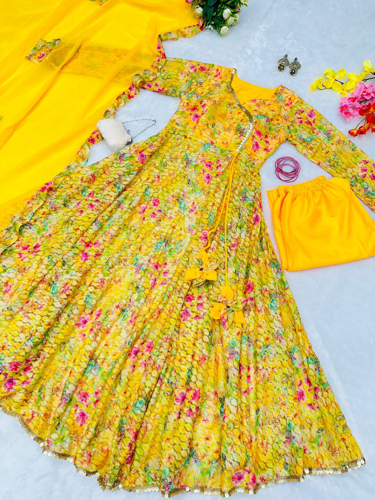 Multi Color Design With Yellow Color Wonderful Anarkali Gown